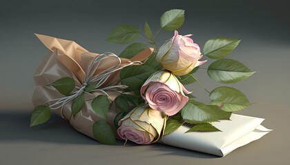  a bouquet of roses wrapped in a brown paper and tied with a ribbon and tied with a bow on top of a piece of paper.  generative ai