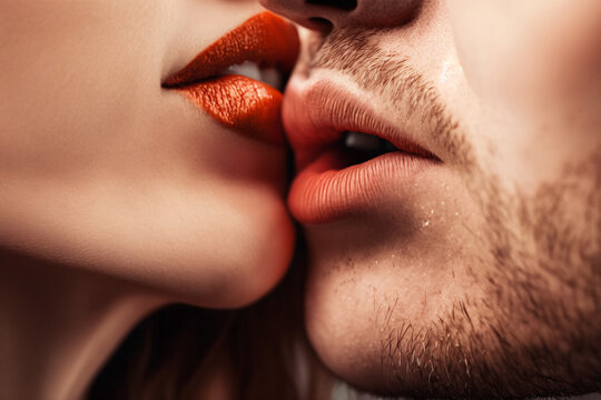  Man and woman kissing with Passion, close up, sensual and erotic lips Kiss, lovers, bestfriends, couple ai generative 