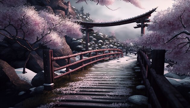  a painting of a path leading to a pagoda in a forest with cherry blossoms on the trees and rocks on the side of the path.  generative ai