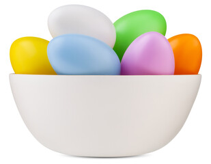 happy Easter decorations, basket full of colored easter eggs in pastel light colors, isolated on transparent background. Template for label, gift greeting card, promotional banner or ticket price
