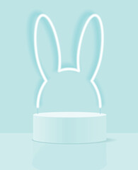 Minimalist 3D Pastel Blue Vector Composition with a Low Cylindrical Podium and a White Neon Bunny Ears in the Background, ideal for Product Presentation. Simple Geometric Mokup Product Display. - obrazy, fototapety, plakaty