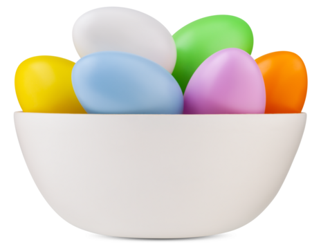 happy Easter decorations, basket full of colored easter eggs in pastel light colors, isolated on transparent background. Template for label, gift greeting card, promotional banner or ticket price