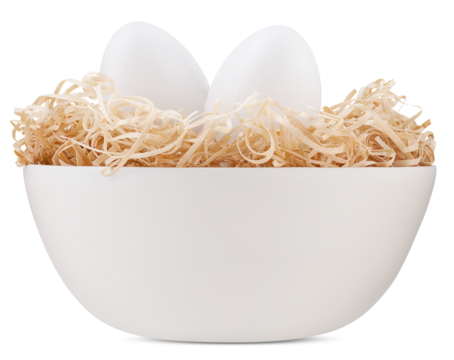 happy Easter decorations, basket with white eggs on straw nest, isolated on transparent background. Template for gift greeting card, advertising promotional shopping sale banner or ticket price