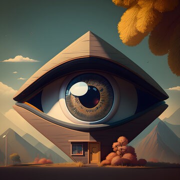 Mid century modern eye house illustration, generative ai