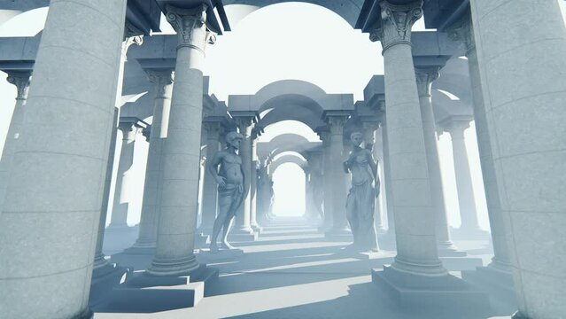 Gallery with sculptures and white marble columns