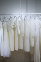 Collection of wedding dresses in the shop