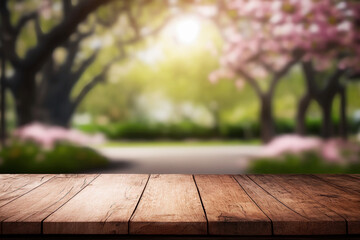 Naklejka na ściany i meble Empty wooden table in Sakura flower Park with garden bokeh background with a country outdoor theme, Template mock up for display of product - created with AI