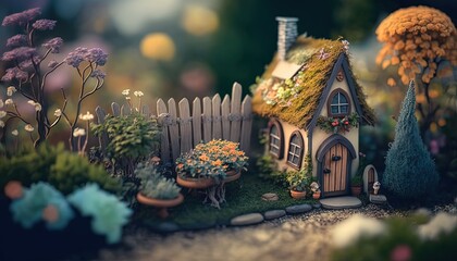 cute fairy house village garden with cute pebble paved road, Generative Ai