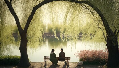  two people sitting on a bench in a park by a lake with a willow tree in the foreground and a pond in the background.  generative ai