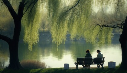  two people sitting on a park bench near a lake with willow trees in the foreground and a bridge in the background, with a man and woman sitting on the bench.  generative ai - obrazy, fototapety, plakaty