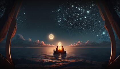 Naklejka na ściany i meble two people are sitting on a boat in the ocean at night with the moon in the sky and stars in the sky above the water. generative ai