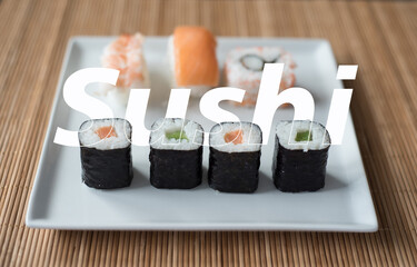 sushi with chopsticks, text sushi