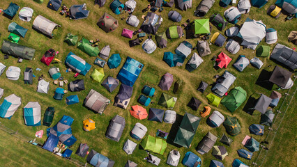 Summer camping in the field from above