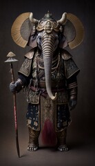 Surreal animal. Noble elephant standing straight, wearing a samurai suit like a Japanese warrior. (Generative AI) 