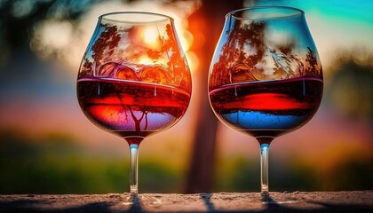  two glasses of wine sitting on top of a wooden table next to each other with a sunset in the background and a tree in the foreground.  generative ai
