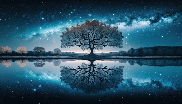  a lone tree is reflected in the still water of a lake under a night sky filled with stars and the milky in the distance,.  generative ai