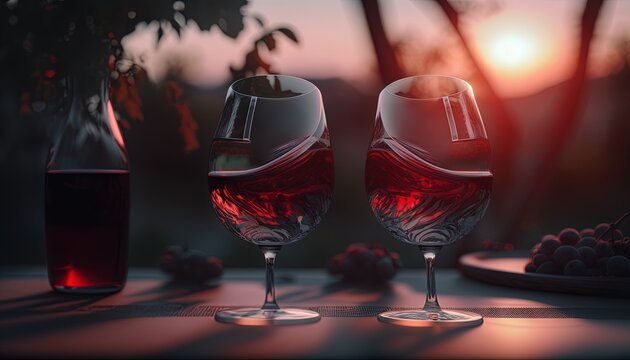  two glasses of wine sitting on a table next to a bottle of wine and grapes on a plate with a bottle of wine in the background.  generative ai