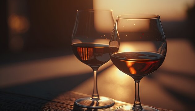  two glasses of wine are sitting on a table with the sun shining through the window behind them and the table is made of wood and has a wooden surface with a.  generative ai