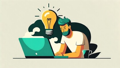  a man sitting in front of a laptop computer with a light bulb above his head on top of his head, on a table with a cup of coffee and a mug. generative ai