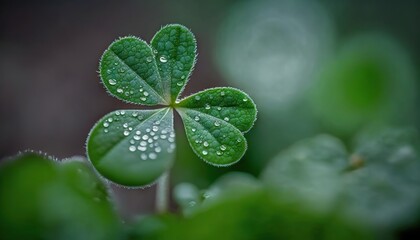  a four leaf clover with water droplets on it's leaves in the foreground, with green foliage in the foreground, and a dark background.  generative ai