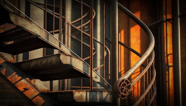  a set of metal stairs leading up to a building with a window in the back ground and a door in the front of the stairs.  generative ai