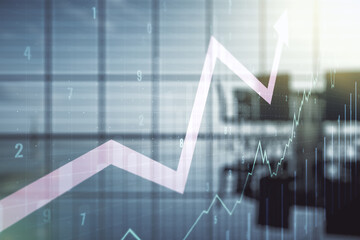 Double exposure of abstract creative financial chart and upward arrow illustration on a modern...