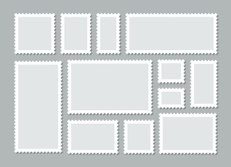 Post stamps. Postage frames set. Empty postal stamp. Rectangular perforated labels. Collection blank borders for mail letter. White paper postmarks isolated on gray background. Vector illustration.