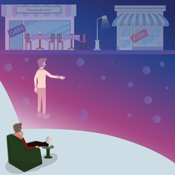 Flat design of digital technology,The man wearing vr glass and look the empty building in virtual world - vector