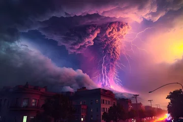 Foto auf Alu-Dibond Powerful volcanic eruption with pyroclastic ash column clouds, lightning, rain. City at the foot of the mountain, a threat to the population. Generative AI © aapsky