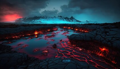  a large body of water surrounded by lava and lava with a mountain in the background at night with red lights on the water and a cloudy sky.  generative ai