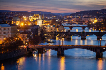 Blue Prague - view of the Prague bridges