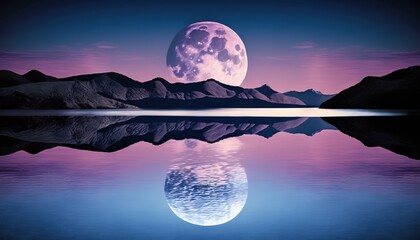  a full moon rising over a mountain range with a lake in the foreground and a mountain range in the background with a reflection in the water.  generative ai