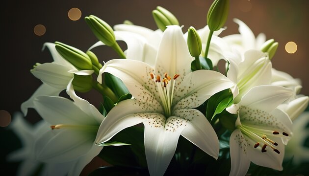  a bouquet of white lilies in a vase on a table with lights in the backgroup of the picture behind it and a blurry background.  generative ai
