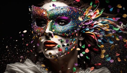  a woman wearing a mask with confetti on her face and a veil on her head, with confetti all over her face.  generative ai