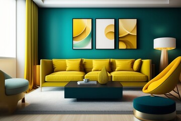 Interior design of modern apartment, turquoise sofa in living room, yellow armchairs, mock up wall, home design 3d renderinghd-enhance