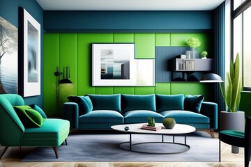 Interior design of modern apartment, blue sofa in living room, green wall, wooden panelling, home design 3d renderinghd-enhance