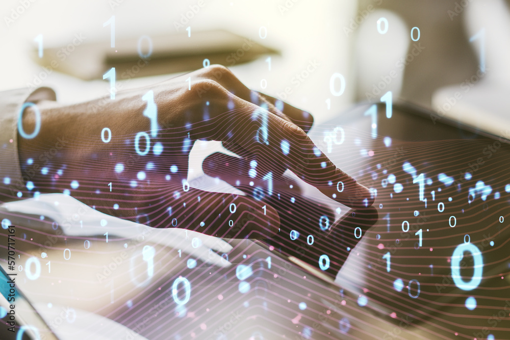 Aufkleber Creative abstract binary code hologram and finger presses on a digital tablet on background, AI and machine learning concept. Multiexposure