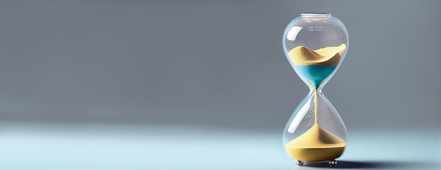 an hourglass on grey background Dead line Banner Space for text on the left - obrazy, fototapety, plakaty