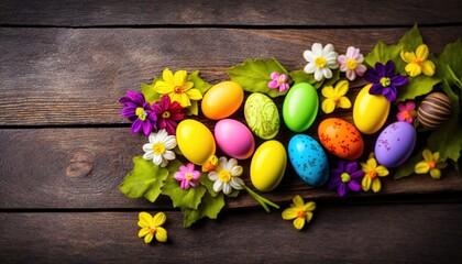  a bunch of colorful eggs sitting on top of a wooden table next to flowers and leaves on top of a wooden table with a wooden surface.  generative ai