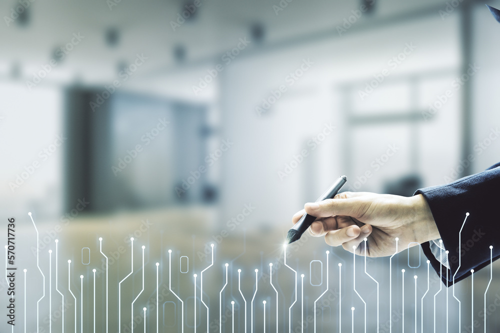 Aufkleber Man hand with pen draws abstract virtual microscheme illustration on blurred office background. Big data and database concept. Multiexposure