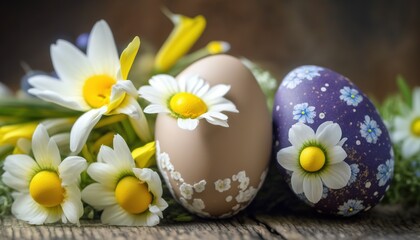 Obraz na płótnie Canvas a group of eggs with daisies on a wooden table with grass and flowers in the foreground and a brown background with a wooden plank. generative ai