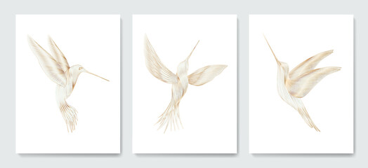 Luxury art background with golden hummingbird birds hand drawn in line style. Animal set for decoration, print, interior design, wallpaper, invitations, packaging. © VectorART