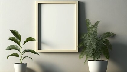 a picture frame on a wall next to two potted plants and a potted plant on a table in front of a white wall.  generative ai