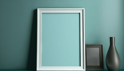  a picture frame sitting on a shelf next to a vase and a picture on a wall with a blue wall in the background and a black vase on the floor. generative ai