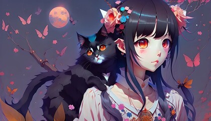An anime girl with black hair and cat, fantasy digital art, butterflies in background. - obrazy, fototapety, plakaty