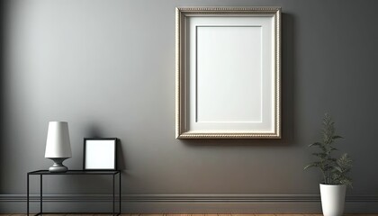  an empty picture frame on a wall next to a lamp and a table with a potted plant on it in a room with a gray wall.  generative ai