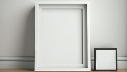  a white picture frame next to a black picture frame on a wooden floor with a white wall in the background and a black picture frame on the floor.  generative ai