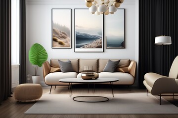 Interior of living room with coffee table and white beige fabric armchair, mock up poster on the wall. Home design. 3d 