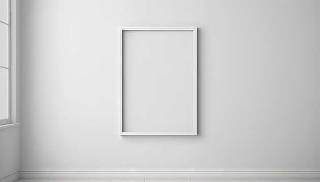  an empty picture frame hanging on a wall in an empty room with a window and a tiled floor in front of a white painted wall.  generative ai