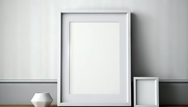  a white picture frame sitting on top of a wooden table next to a white vase and a white vase on a wooden table with a white wall behind it.  generative ai